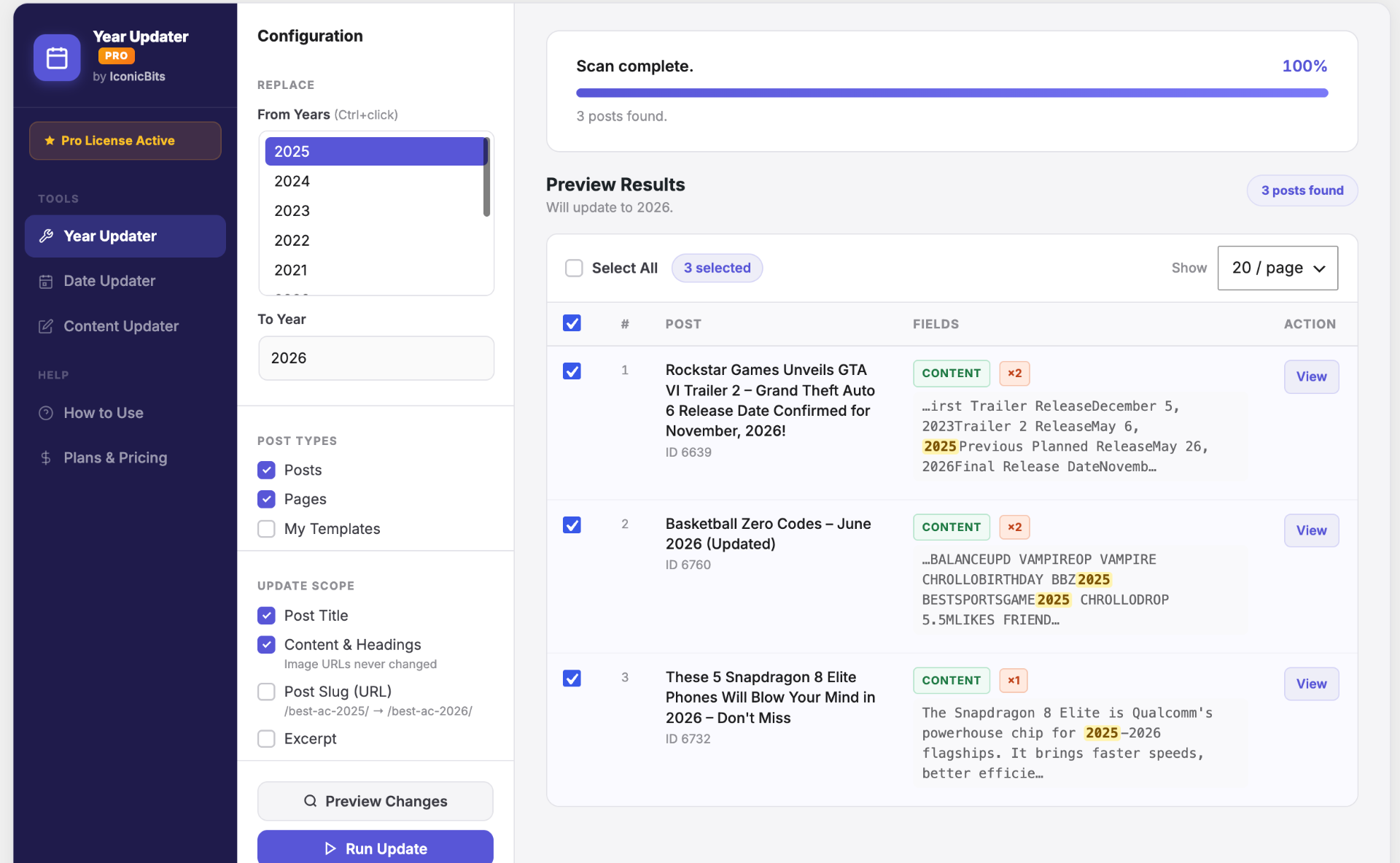 Year Updater dashboard preview