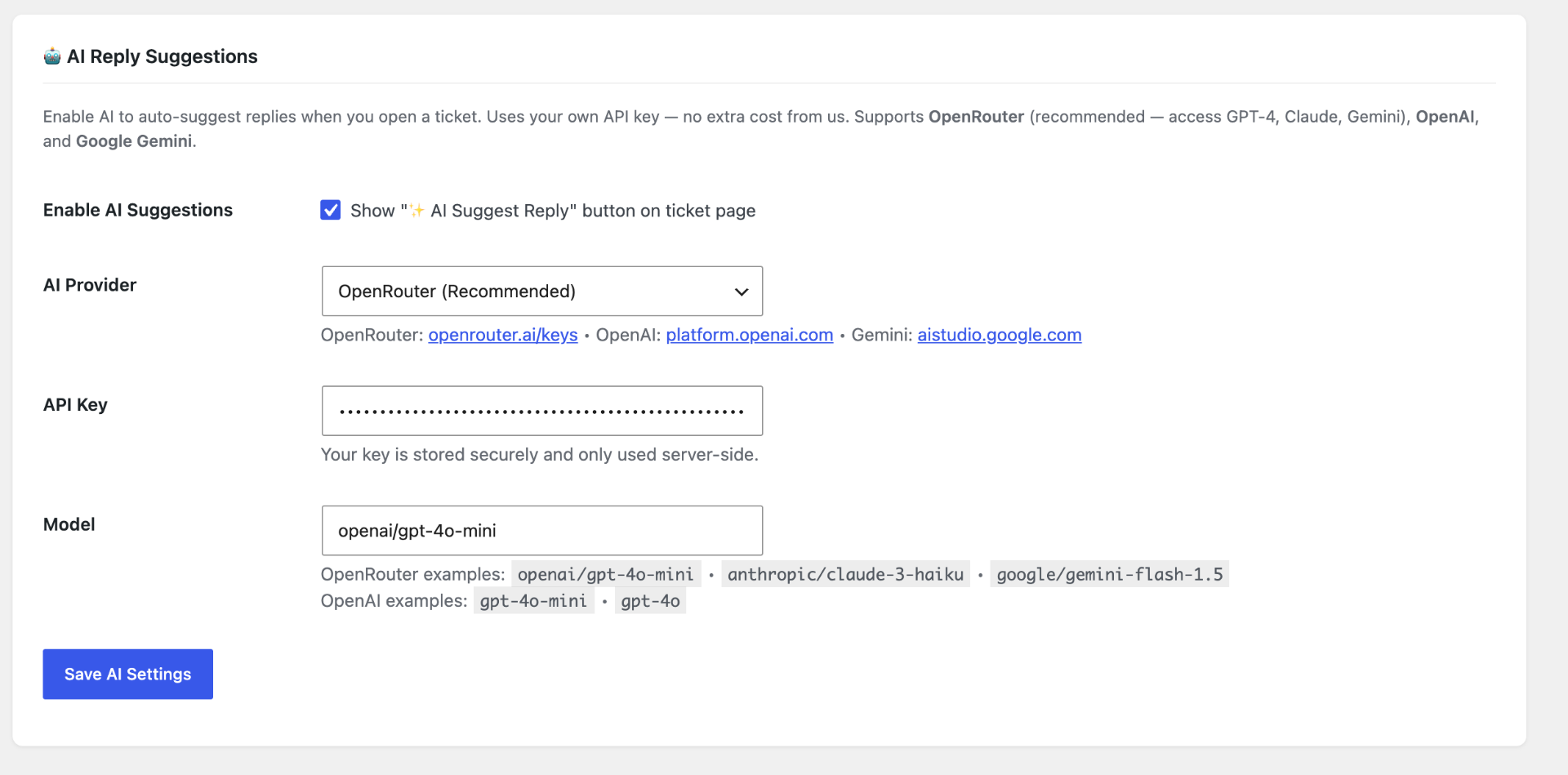 AI Reply Suggestions settings